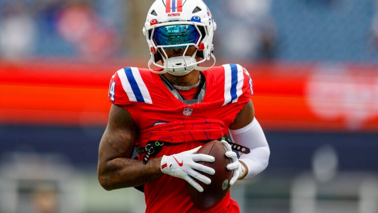 New England Patriots wide receiver Kendrick Bourne (84) warms up prior to an NFL football game against the Houston Texans, Sunday, Oct. 13, 2024, in Foxborough, Mass.