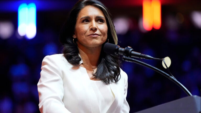 FILE - Tulsi Gabbard speaks before Republican presidential nominee former President Donald Trump at a campaign rally at Madison Square Garden, Oct. 27, 2024, in New York.