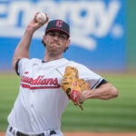 Cleveland Guardians starting pitcher Shane Bieber delivers against the Minnesota Twins during the first inning of the first game of a baseball doubleheader in Cleveland, Saturday, Sept. 17, 2022.