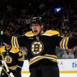 BOSTON, MASSACHUSETTS - NOVEMBER 7: Hampus Lindholm #27 of the Boston Bruins celebrates his goal against the Calgary Flames during the first period at the TD Garden on November 7, 2024 in Boston, Massachusetts.