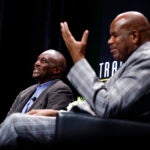 Former Boston Celtic and Basketball Legacy Award honoree Dee Brown and presenter and former Celtic Cedric Maxwell talk during “The Tradition,” the Sports Museum’s annual awards program, at TD Garden.