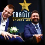 Former New England Patriot and Football Legacy Award honoree Rob Gronkowski and presenter Rob Ninkovich, also former Patriot and teammate of Gronkowski’s, laugh during “The Tradition,” the Sports Museum’s annual awards program, at TD Garden.