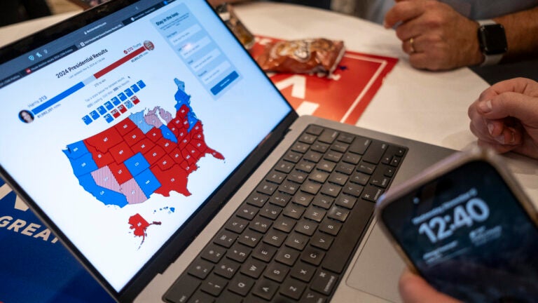 People react as election results are called during a Republican election night watch party at the Ingleside Hotel in Pewaukee, Wisconsin.