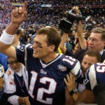 New England Patriots quarterback Tom Brady after leading the Patriots to victory in Superebowl XXXVI at the Louisiana Superdome against the St. Louis Rams.