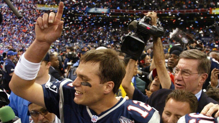 New England Patriots quarterback Tom Brady after leading the Patriots to victory in Superebowl XXXVI at the Louisiana Superdome against the St. Louis Rams.