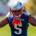 New England Patriots Jabrill Peppers during practice on the Gillette Stadium lower practice field.