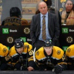 Boston Bruins head coach Jim Montgomery moments after Calgary Flames scored during first period NHL action at TD Garden.