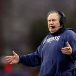 New England Patriots head coach reacts to a replay in the second half. The Chiefs defeat the Patriots, 27-17, at Gillette Stadium.