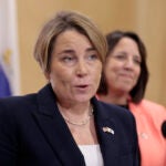 Gov. Maura Healey, accompanied by Lt. Gov. Kim Driscoll, right, gives the media and the public her thoughts on the 2024 election results, Wednesday in her State House reception room.
