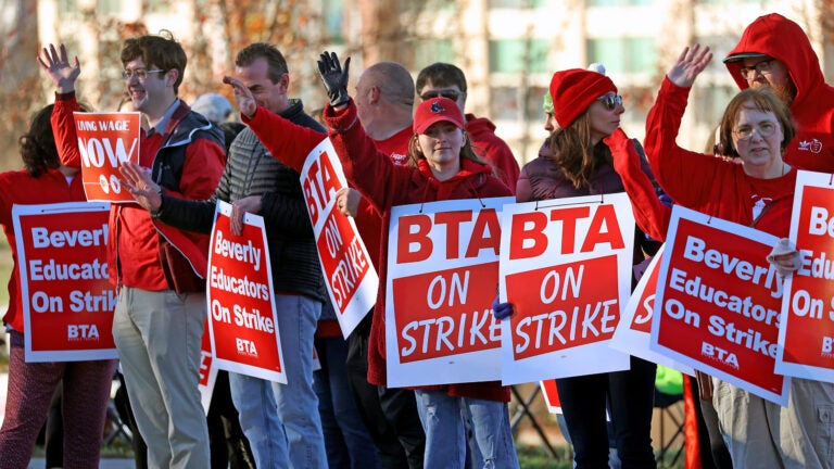 On strike demonstrators at Beverly High School in Beverly.