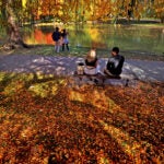 Leaves are falling as warm temperatures rise at the Boston Public Garden. Meteorologists say to expect warm temperatures this week.