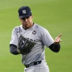 LOS ANGELES, CALIFORNIA - OCTOBER 26: Juan Soto #22 of the New York Yankees reacts after making a catch for an out against the Los Angeles Dodgers in the third inning during Game Two of the 2024 World Series at Dodger Stadium on October 26, 2024 in Los Angeles, California.