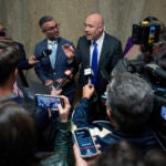 Defense attorneys Saam Zangeneh, center left, and Bradford Cohen, center right, speak to reporters.