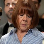 Gisele Pelicot speaks to the press as she leaves the courtroom.