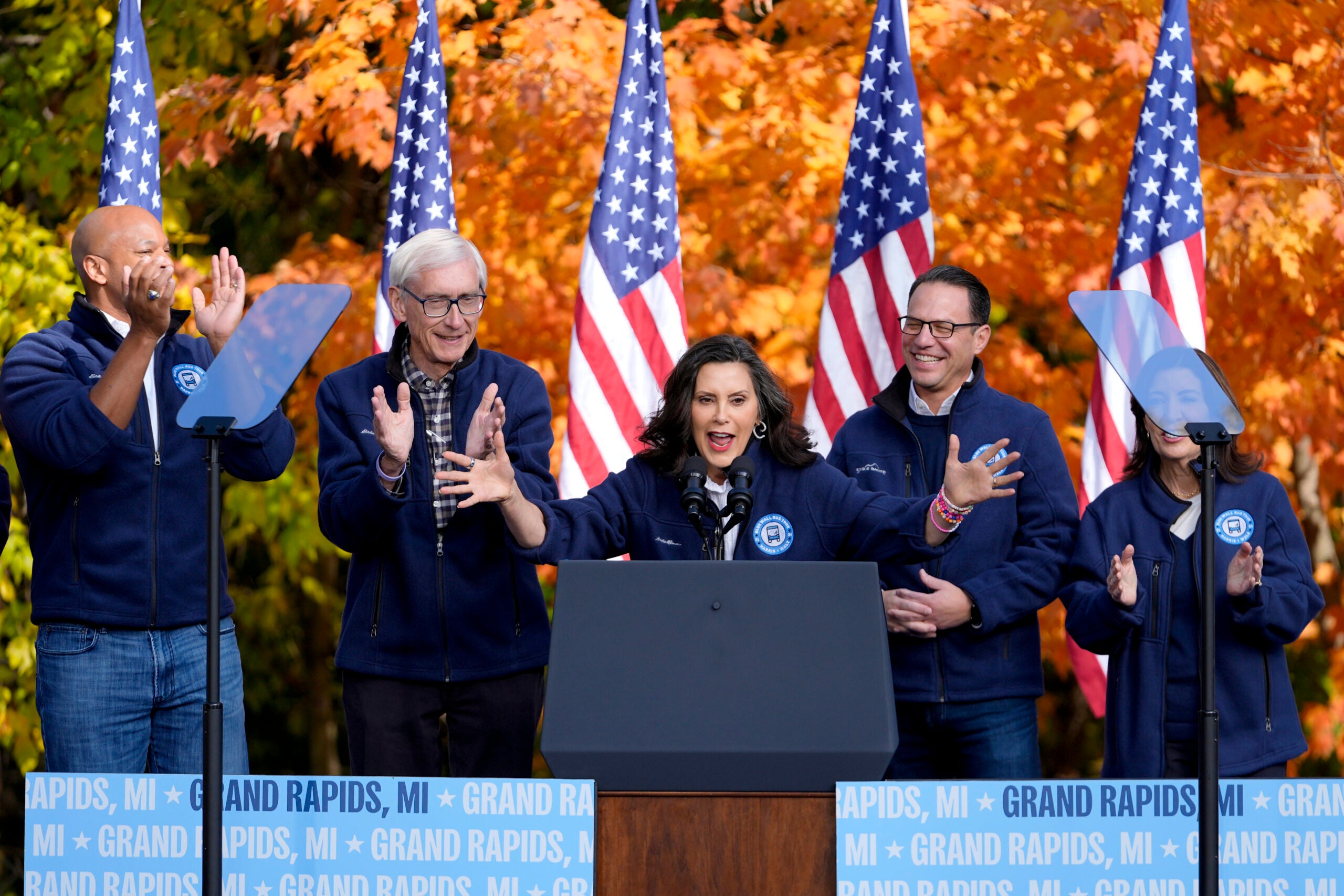 Michigan Governor Gretchen Whitmer speaks, accompanied by, from left, Maryland Governor Wes Moore, Wisconsin Governor Tony Evers, Pennsylvania Governor Josh Shapiro and New York Governor Kathy Hochul.