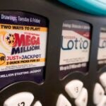 A Mega Millions logo is displayed on a vending machine.