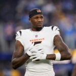 Cincinnati Bengals wide receiver Tee Higgins (5) warms up before an NFL football game against the Los Angeles Chargers, Sunday, Nov. 17, 2024, in Inglewood, Calif.