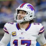 Buffalo Bills quarterback Josh Allen (17) after a touchdown against the Detroit Lions during the second half of an NFL football game Sunday, Dec. 15, 2024, in Detroit.