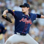 Atlanta Braves starting pitcher Max Fried throws to a San Diego Padres batter during the first inning in Game 2 of an NL Wild Card Series baseball game Wednesday, Oct. 2, 2024, in San Diego.