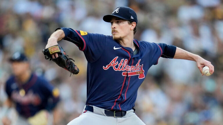Atlanta Braves starting pitcher Max Fried throws to a San Diego Padres batter during the first inning in Game 2 of an NL Wild Card Series baseball game Wednesday, Oct. 2, 2024, in San Diego.