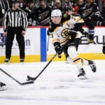 Boston Bruins defenseman Charlie McAvoy (73) skates with the puck against Washington Capitals defenseman Martin Fehervary (42) during the second period of an NHL hockey game, Tuesday, Dec. 31, 2024, in Washington.