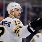 Boston Bruins' Kevin Shattenkirk in action during an NHL hockey game against the Philadelphia Flyers, Saturday, Jan. 27, 2024, in Philadelphia.