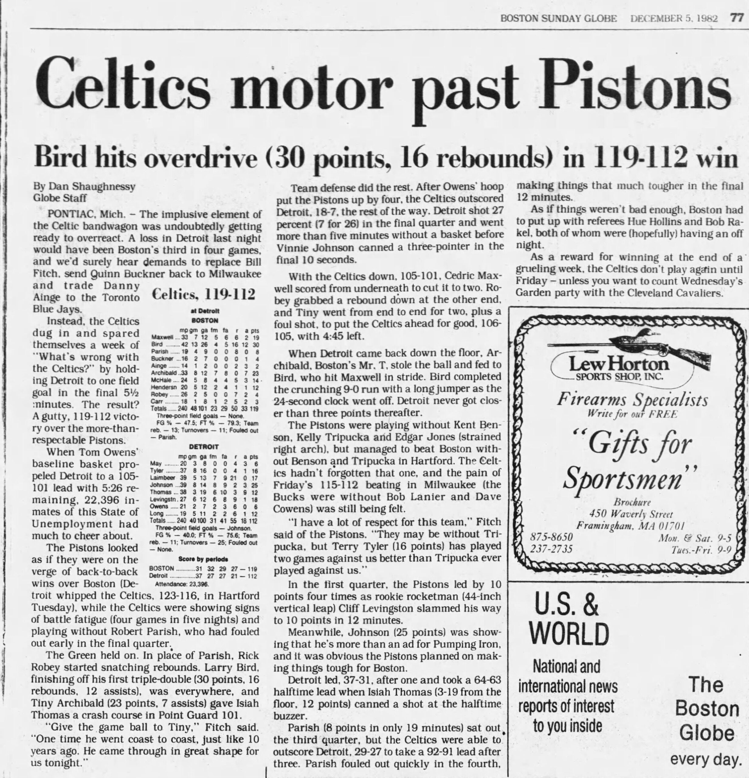 Esportes do Celtics Larry Bird Globe de 1982