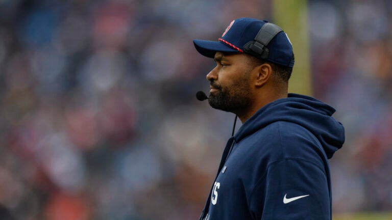 New England Patriots head coach Jerod Mayo reacts on the sideline during the first half an NFL football game against the Los Angeles Chargers, Saturday, Dec. 28, 2024, in Foxborough, Mass.