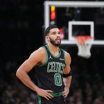Boston Celtics forward Jayson Tatum (0) during an NBA basketball game, Monday, Dec. 2, 2024, in Boston.