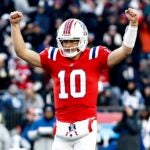 FOXBOROUGH, MASSACHUSETTS - DECEMBER 01: Drake Maye #10 of the New England Patriots reacts after a touchdown in the fourth quarter of a game against the Indianapolis Colts at Gillette Stadium on December 01, 2024 in Foxborough, Massachusetts.