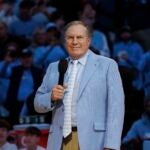 New North Carolina head football coach Bill Belichick speaks to the crowd at Dean Smith Center during halftime of an NCAA college basketball game between La Salle and North Carolina in Chapel Hill, N.C., Saturday, Dec. 14, 2024.