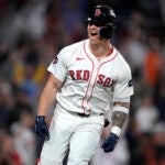 Red Sox's Tyler O'Neill celebrates after winning against the Orioles.