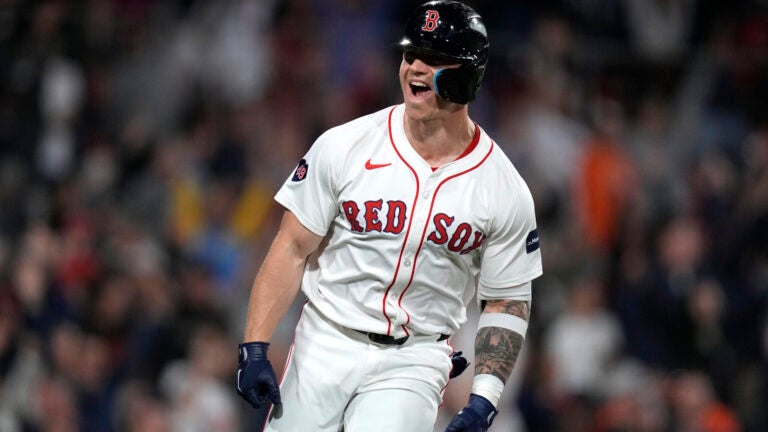 Red Sox's Tyler O'Neill celebrates after winning against the Orioles.