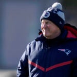 New England Patriots head coach Bill Belichick smiles during an NFL football practice, Thursday, Dec. 14, 2023, in Foxborough, Mass.
