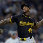 Pittsburgh Pirates' Aroldis Chapman pitches during the ninth inning of a baseball game against the New York Yankees, Friday, Sept. 27, 2024, in New York. The Pirates won 4-2.