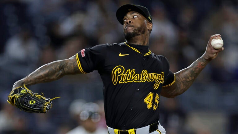 Pittsburgh Pirates' Aroldis Chapman pitches during the ninth inning of a baseball game against the New York Yankees, Friday, Sept. 27, 2024, in New York. The Pirates won 4-2.