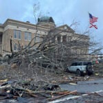 Damage from a storm through that rolled through the night before is seen at the heart of downtown on Sunday, Dec. 29, 2024, in Athens, Ala.