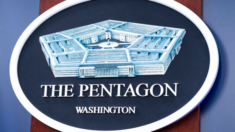 The Department of Defense logo is seen on the wall in the Press Briefing room at the Pentagon on Tuesday, Oct. 29, 2024 in Washington.