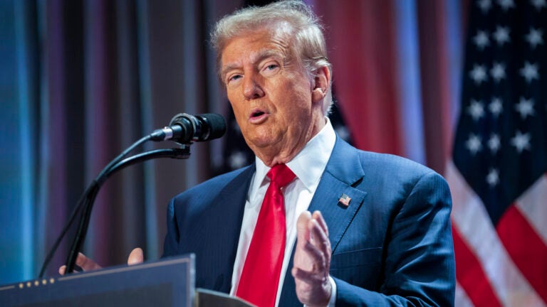 FILE - President-elect Donald Trump speaks during a meeting with the House GOP conference, Nov. 13, 2024, in Washington.