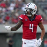 Arizona wide receiver Tetairoa McMillan (4) against West Virginia in the first half during an NCAA college football game, Saturday, Oct. 26, 2024, in Tucson, Ariz.