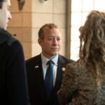 Rep. Josh Gottheimer (D-N.J.) walks inside Columbia University campus in New York.