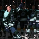 Boston Fleet team captain Hilary Knight takes the ice during player introductions before the home opener against the Minnesota Frost at the Tsongas Arena on Wednesday, December 4, 2024.