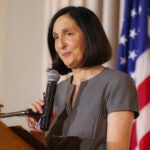 Ruthanne Fuller Newton Mayor speaking during a public forum on antisemitism in the Newton City Hall Auditorium in 2023.