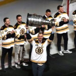 A pregame ceremony honored the 2011 Stanley Cup winning Bruins team as Zeno Chara holds up the Cup.