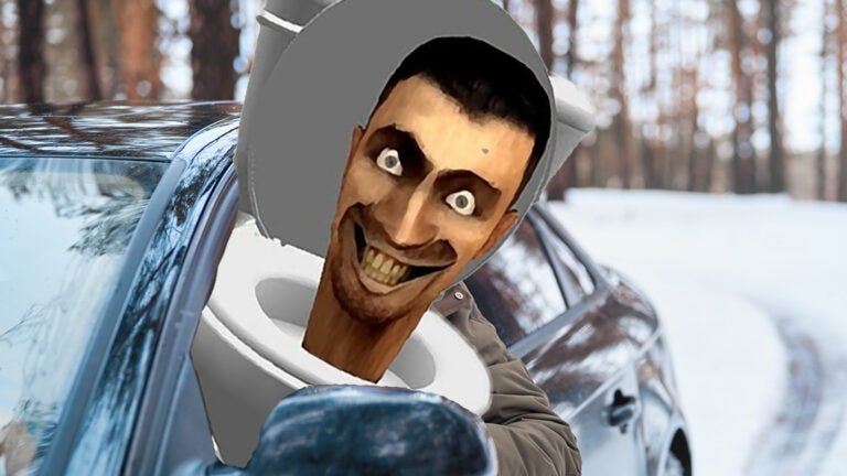 The young adult attractive Caucasian man sits at the wheel of his sunny winter day. WinterTime road trip. Happy smiling hipster type that sits in the car and looks like windows. Portrait of positive drivers