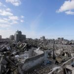 Buildings destroyed by Israeli bombardment in Rafah, Gaza.