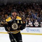BOSTON, MASSACHUSETTS - JANUARY 23: David Pastrnak #88 of the Boston Bruins celebrates after scoring against the Ottawa Senators during the third period at TD Garden on January 23, 2025 in Boston, Massachusetts. The Bruins defeat the Senators 2-0.