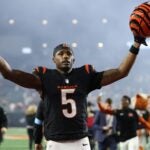 CINCINNATI, OHIO - DECEMBER 28: Tee Higgins #5 of the Cincinnati Bengals reacts after a 30-24 overtime victory against the Denver Broncos at Paycor Stadium on December 28, 2024 in Cincinnati, Ohio.