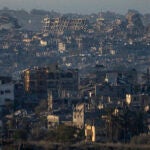 Destroyed buildings are seen inside the Gaza Strip.