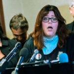 Anti-abortion activists Lauren Handy, front, with Terrisa Bukovinac, from left, Jonathan Darnell, and Randall Terry.